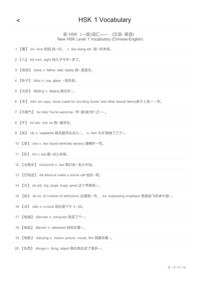 HSK Level 1-6 Vocabulary - 6 PDF Documents Product Description (English-Chinese Version)